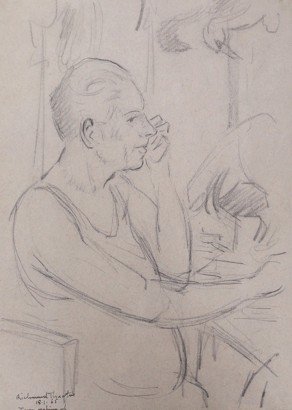 Clifford Hall (1904-1973), pencil drawing, 'Richmond Theatre 18.1.65, Terry Making Up', signed and dated, 37 x 27cm